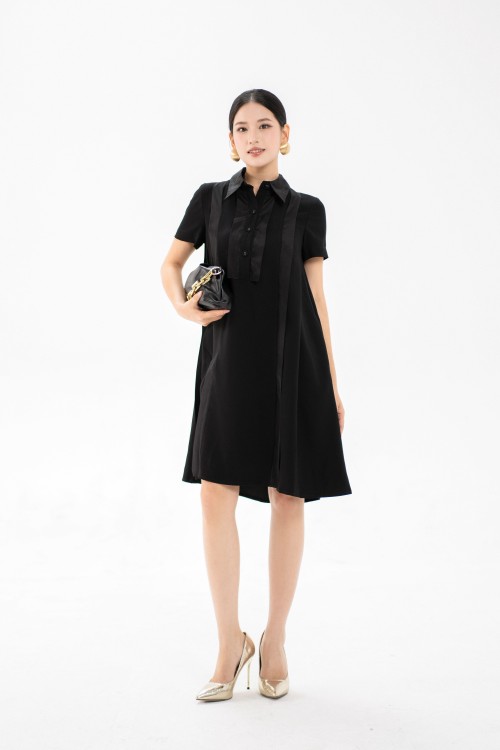 Sixdo Black Trapeze Mini Silk Dress